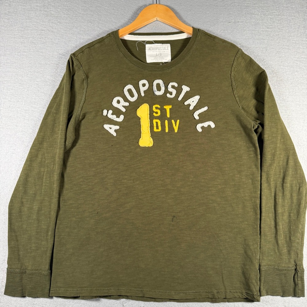 Vintage Aeropostale Mens Long Sleeve Graphic Tee Olive Green 1st Div Applique
